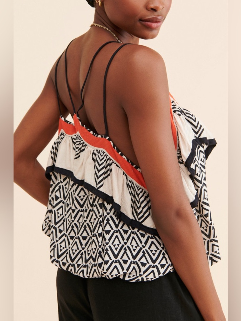 Free People Geometric Ruffle Cami Tank Boho Festival Tribal Print XS Top Resort - Picture 2 of 13